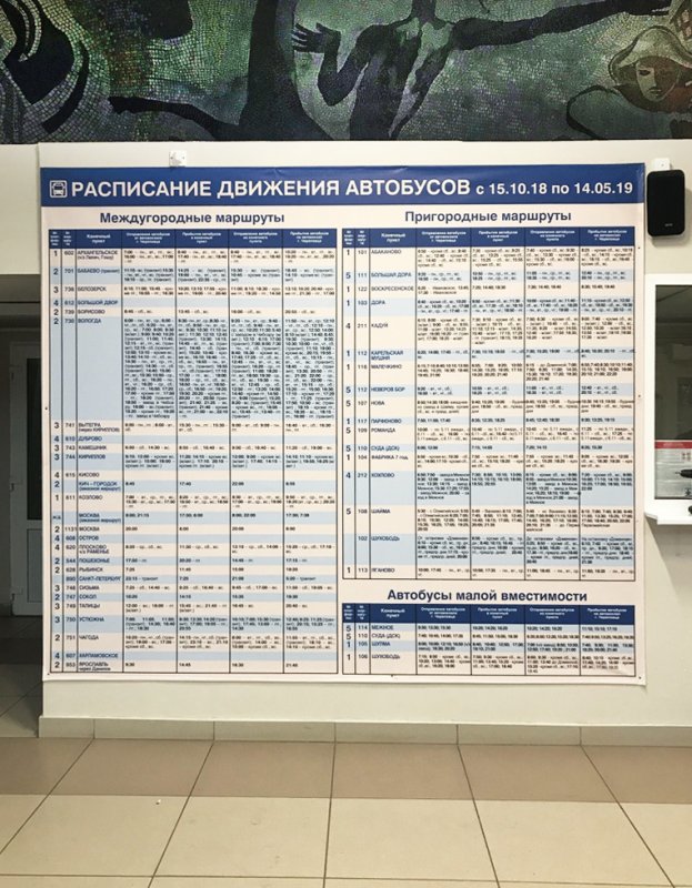 Стенд с расписанием в здании Череповецкого автовокзала